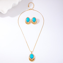 Золотой Овальные подвески из синтетической бирюзы и комплекты серег-гвоздиков, сплав ювелирных изделий, золотые, ожерелья: 18.11 дюйм(460мм); серьги: 30x23мм
