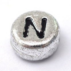 Letter N Plated Acrylic Horizontal Hole Letter Beads, Flat Round, Letter.N, 7x4mm, Hole: 1.3mm, about 3600pcs/500g