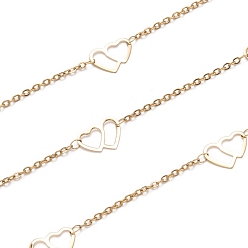 Золотой Ионное покрытие (IP) 304 нержавеющая сталь сердце-к-сердцу кабельные цепи, пайки, с катушкой, золотые, ссылка: 2.5x2x0.5 mm, Сердце: 13.5x9.5x0.6 mm, около 16.4 футов (5 м) / рулон