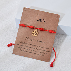 Лео 12 созвездия 304 плоские круглые браслеты из нержавеющей стали с подвесками, регулируемые браслеты из нейлонового шнура для мужчин и женщин, золотые, Лев, периметр: 7-1/8~9-1/8 дюйм (18~23 см)