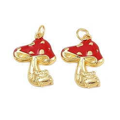Красный Латунь эмаль подвески, грибные прелести, с прыжковых колец, стойки покрытие, реальный 18 k позолоченный, без свинца и без кадмия, долговечный, красные, 21x16x2.5 мм, отверстие : 3.4 мм
