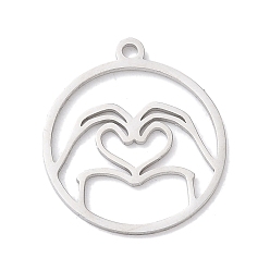 Нержавеющая Сталь Цвет 304 подвески из нержавеющей стали, лазерная резка, плоский круглый с подвеской в виде сердца с двумя пальцами рук, анти-тускнение, цвет нержавеющей стали, 20.5x18x1 мм, отверстие : 1.5 мм