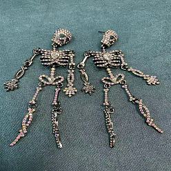 Черный Цвет Металла Серьги-гвоздики скелетон из сплава со стразами, металлический черный , 100x28 мм