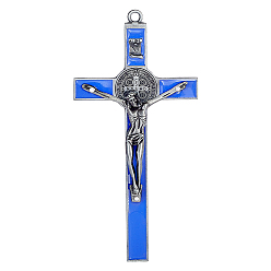 Dark Blue Alloy Enamel Big Pendants, Cross with Jesus Charm, Antique Silver, Dark Blue, 193x94x18mm