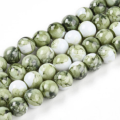 Темный Морско-зеленый Выпечки нарисованных стеклянных бусин прядей, имитировать фарфоровые бусины, круглые, темно-зеленый, 9.5~10.5 мм, отверстие : 1.4 мм, около 82~84 шт / нитка, 29.92~30.71 дюйм (76~78 см)