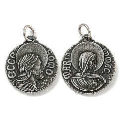 Античное Серебро 316 хирургические подвески из нержавеющей стали, с целью перехода в кольце, плоский круглый с человеческим обаянием, античное серебро, 34x29.5x5 мм, отверстие : 6.5 мм