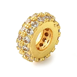 Настоящее золото 18K Покрытие стойки латунные прозрачные бусины из кубического циркония, долговечный, без свинца и без кадмия, рондель, бусины с большим отверстием, реальный 18 k позолоченный, 8.5x3 мм, отверстие : 4 мм