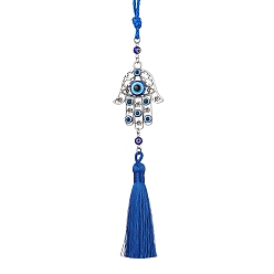 Bleu Main de Hamsa avec décorations en alliage et résine mauvais œil, Ornements suspendus à pampilles en fil de nylon tressé, bleu, 288mm