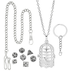 Платина Ожерелье из латунной цепи с цепочкой из латунного кабеля, набор игральных костей из цинкового сплава, железные брелоки с разъемными кольцами и подвеска в виде птичьей клетки из латуни, платина, 810 мм