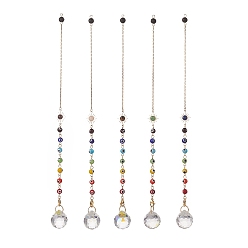 Смешанные камни Маятник для усыпления из смешанных натуральных драгоценных камней с чакрой ручной работы лэмпворк сглаз и латунное солнце, граненый стеклянные большие кулоны, слеза, 247 мм, отверстие : 2.4 мм