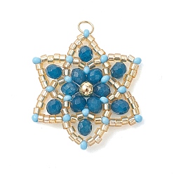 Синий Подвески из натурального малазийского нефрита, украшенные стеклянным бисером и окрашенные., цветочный шарм, с открытыми пружинными кольцами из нержавеющей стали 304, реальный 18 k позолоченный, синие, 29.5~30x26~27x4 мм, отверстие : 3 мм