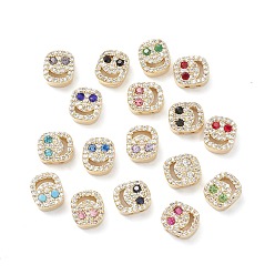 Mixed Color Brass Micro Pave Cubic Zirconia Beads, Lead Free & Cadmium Free, Long-Lasting Plated, Real 18K Gold Plated, Oval with Smiling Face, Mixed Color, 9x8x4mm, Hole: 1mm