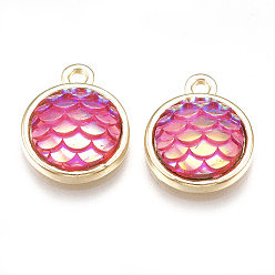 Камелия Подвески из легированной смолы, плоский круглый с рыбой в русалочной форме, золотой свет, камелия, 15x12x4 мм, отверстие : 1.8 мм