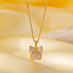 Bowknot Женские подвески-колье из латуни с микропаве из прозрачных кубических цирконий и эмалью, розовые, золотые, бантом, 15.75 дюйм (40 см), Кулон : 15x12.5 мм