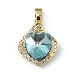 Sky Blue Real 18K Gold Plated Rack Plating Brass Micro Pave Clear Cubic Zirconia Pendants, with Glass, Long-Lasting Plated, Cadmium Free & Lead Free, Heart Charm, Sky Blue, 21.5x17x8mm, Hole: 5x3.2mm