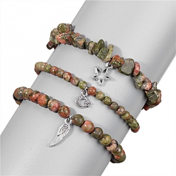 Унакит Природные Unakite стрейч браслеты, для женщин, амулет звезда, луна и крылья, периметр: 7-1/2 дюйм (19 см), 3 шт / комплект