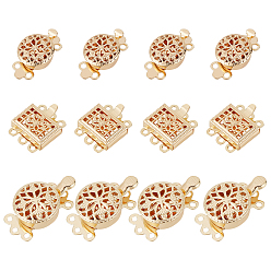 Настоящее золото 18K 12наборы 3 стиль 3-нить 6-отверстие латунные застежки-коробочки, разнообразные, без никеля , реальный 18 k позолоченный, 13.5~19x9~11.5x3.5~6 мм, отверстие : 1~1.2 мм, 4 комплектов / стиль