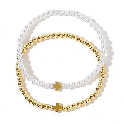 Золотой 2 шт. минималистичные наборы эластичных браслетов с крестиками из искусственного жемчуга и латуни, золотые, внутренний диаметр: 6.89 дюйм (17.5 см)