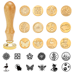 Золотой Изготовление штампов, с латунной сургучной печатью и ручками из бука, золотые, 25x14 мм, 12 шаблоны, 1 шт / шаблон, 12 шт / комплект