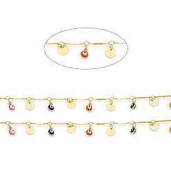 Разноцветный Латунные бар шарнирные цепи, с эмалью, долговечный, пайки, с катушкой, глаз и плоский круглый, реальный 18 k позолоченный, красочный, ссылка: 13x2x1 mm, глаза: 7x5x4 мм, плоско-круглые: 6x0.2 mm, около 32.8 футов (10 м) / рулон