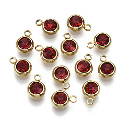 Light Siam Vacuum Plating 201 Stainless Steel Rhinestone Charms, Birthstone Charms, Flat Round, Real 18K Gold Plated, Light Siam, 8.5x6x3mm, Hole: 1.5mm