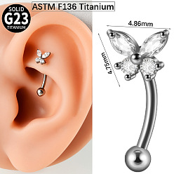 Бабочка G23 титан прозрачный кубический цирконий бровь изогнутые штанги кольца, хрящевые серьги, цвет нержавеющей стали, бабочка, 10 мм, штифты : 1.2 мм, Руководитель: 3 mm