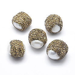 White Natural Freshwater Pearl Beads, with Polymer Clay Rhinestone,  Round, White, 16~22x19mm, Hole: 0.8mm