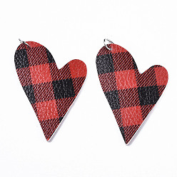 Rot Pu-Leder große Anhänger, mit platinfarbenen Eisen-Biegeringen, Herz, rot, 54x37x2 mm, Bohrung: 5 mm