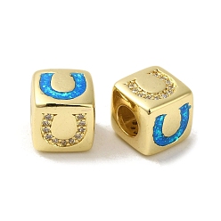 Letter U Стойки обшивки латунь микро проложить кубического циркония бусы, с синтетическим опалом, без кадмия и без свинца, долговечный, реальный 18 k позолоченный, квадратный, бусины с большим отверстием, Европейская, Буква U, 10x9.5x10 мм, отверстие : 5 мм