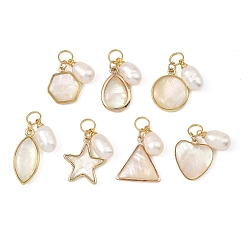 Golden Natural White Shell Pendants, Brass Geometric Charms with Natural Pearl Beads, Mixed Shapes, Seashell Color, Golden, 21~28mm, Hole: 4.7mm