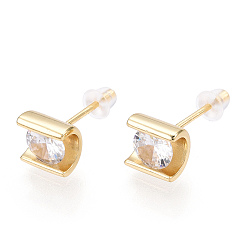 Real 18K Gold Plated 925 Sterling Silver Micro Pave Cubic Zirconia Stud Earrings, Column, Nickel Free, with S925 Stamp, Real 18K Gold Plated, 6.5x6.5mm, Pin: 0.8mm