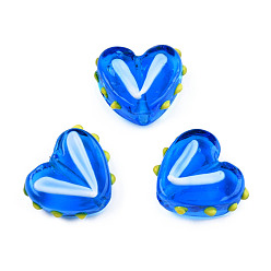 Blue Transparent Handmade Bumpy Lampwork Beads Strands, Heart, Blue, 14.5~15.5x17~18x6.5~7.5mm, Hole: 1.5mm, about 35pcs/strand, 19.49 inch(49.5cm)