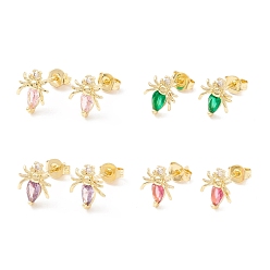Mixed Color Brass Micro Pave Cubic Zirconia Stud Earring, Real 18K Gold Plated, Spider, Mixed Color, 9.5x8mm, Pin: 1mm
