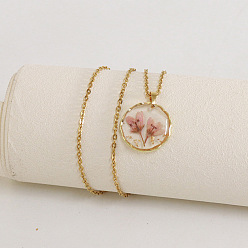 Pink Ожерелья с плоским круглым кулоном из сплава и пластика с внутренним цветком, золотые, розовые, 17.72 дюйм (45 см)