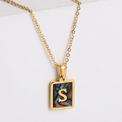Letter S 304 ожерелья с прямоугольной подвеской из натуральной ракушки пауа из нержавеющей стали для женщин, реальный 18 k позолоченный, Письмо с, 17.72 дюйм (45 см)