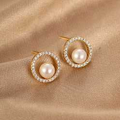 Real 18K Gold Plated Cubic Zirconia Ring Stud Earrings, Brass Earrings with Imitation Pearl, Real 18K Gold Plated, 13x13mm