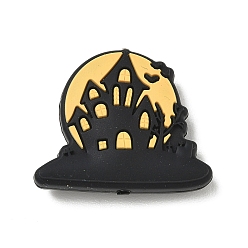 Haus Halloween-Silikonperlen, Fokalperlen, Schwarz, Spukschloss bei Vollmond, 26x31.5x9.5 mm, Bohrung: 2 mm