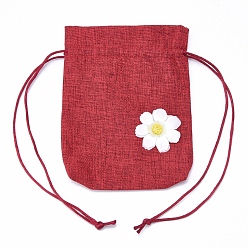 Red Burlap Pouch Gift Sachet Bags, with Polyester Drawstring and Flower Applique, for Presents, Party Favor Gift Bags, Red, 10x14.6cm