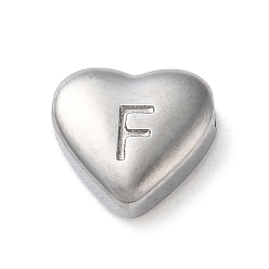 Letter F 201 Stainless Steel Beads, Stainless Steel Color, Heart, Letter F, 7x8x3.5mm, Hole: 1.5mm