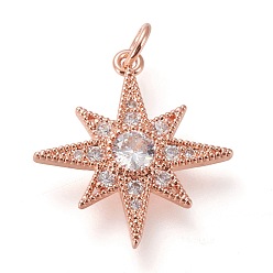 Розовый Позолоченный Латунные микропаве прозрачные подвески с фианитом, с прыжковых колец, долговечный, звезда, Настоящее розовое золото покрыто, 20x18.5x2.5 мм, Перейти кольцо: 5x0.8 мм, 3.4 мм внутренним диаметром