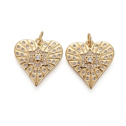 Real 18K Gold Plated Brass Micro Pave Clear Cubic Zirconia Pendants, Long-Lasting Plated, With Jump Ring, Heart with Star, Real 18K Gold Plated, 20x19x3mm, Hole: 3mm, Jump Ring: 5x1mm