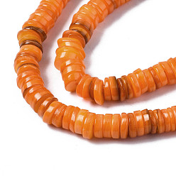 Dark Orange Natural Freshwater Shell Beads Strands, Dyed, Flat Round/Disc, Heishi Beads, Dark Orange, 5~6x1~2mm, Hole: 1mm, about 205~215pcs/strand, 15.35 inch(39cm)