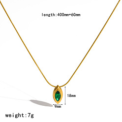 Green 304 Stainless Steel Pave Cubic Zirconia Pendant Necklaces, Horse Eye, Real 18K Gold Plated, Green, 15.75 inch(40cm)