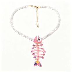 Pink Summer Beach Alloy Enamel Fishbone Pendant Twisted Polyester Cord Pendant Necklaces for Women, Golden, Pink, 18.50 inch(47cm)