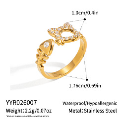 Cat Shape 304 anillos abiertos de acero inoxidable con diamantes de imitación para mujer, real 18 k chapado en oro, revestimiento de iones (ip), forma de gato, 10 mm, diámetro interior: 17.6 mm