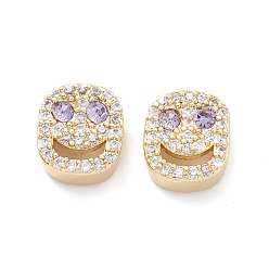 Lilac Brass Micro Pave Cubic Zirconia Beads, Lead Free & Cadmium Free, Long-Lasting Plated, Real 18K Gold Plated, Oval with Smiling Face, Lilac, 9x8x4mm, Hole: 1mm