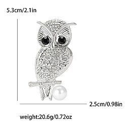 Platinum Alloy Rhinestone Brooches, Owl, Platinum, 53x25mm