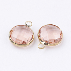 PeachPuff Golden Tone Brass Glass Flat Round Charms, Faceted, PeachPuff, 12x8.5x3mm, Hole: 1.5mm