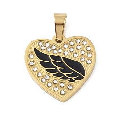 Черный Ионное покрытие (ip) 304 подвески со стразами из эмали из нержавеющей стали, сердце крыло, , реальный 18 k позолоченный, чёрные, 21x21x2.5 мм, отверстие : 6.5x4 мм