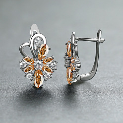 Коралловый Серьги-кольца с цветами из латуни с микропаве из кубических цирконий, платина, коралл, 16x11 мм